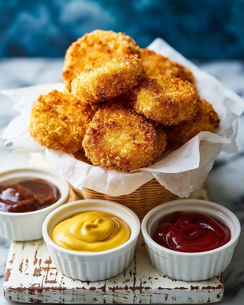 A basket lined with a white cloth holds a stack of golden brown, crispy, breaded chicken nuggets that are round and thick with a crunchy texture, piled high in the center of the image. In front of the basket, three white ramekins sit on a worn white wooden board with paint chips, each filled with different dipping sauces: a dark brown sauce on the left, a smooth bright yellow mustard sauce in the middle, and a thick reddish ketchup on the right. The background is a blurred deep blue, and the whole scene is set on a white marbled surface. Photo taken with an iphone --ar 4:5 --v 7