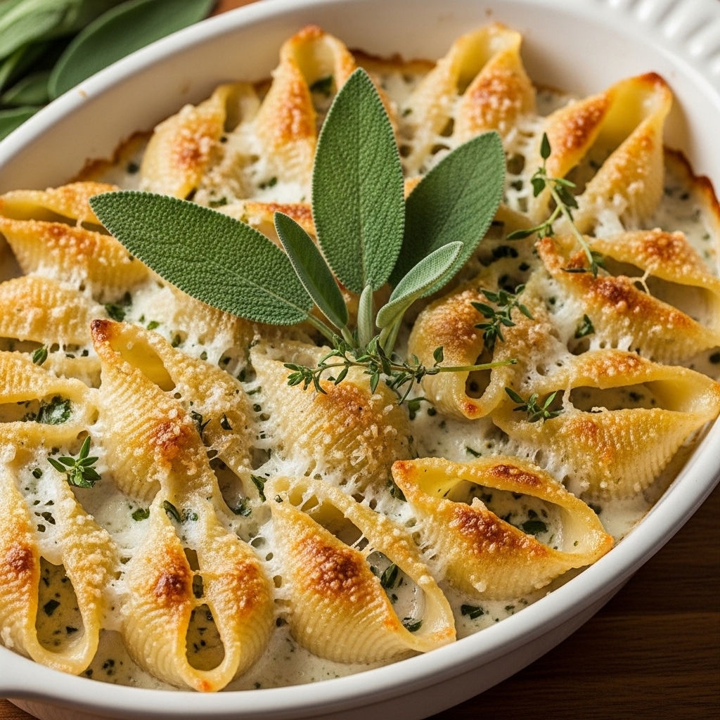 Pumpkin & Gouda Stuffed Shells with Brown Butter Sage Alfredo Sauce