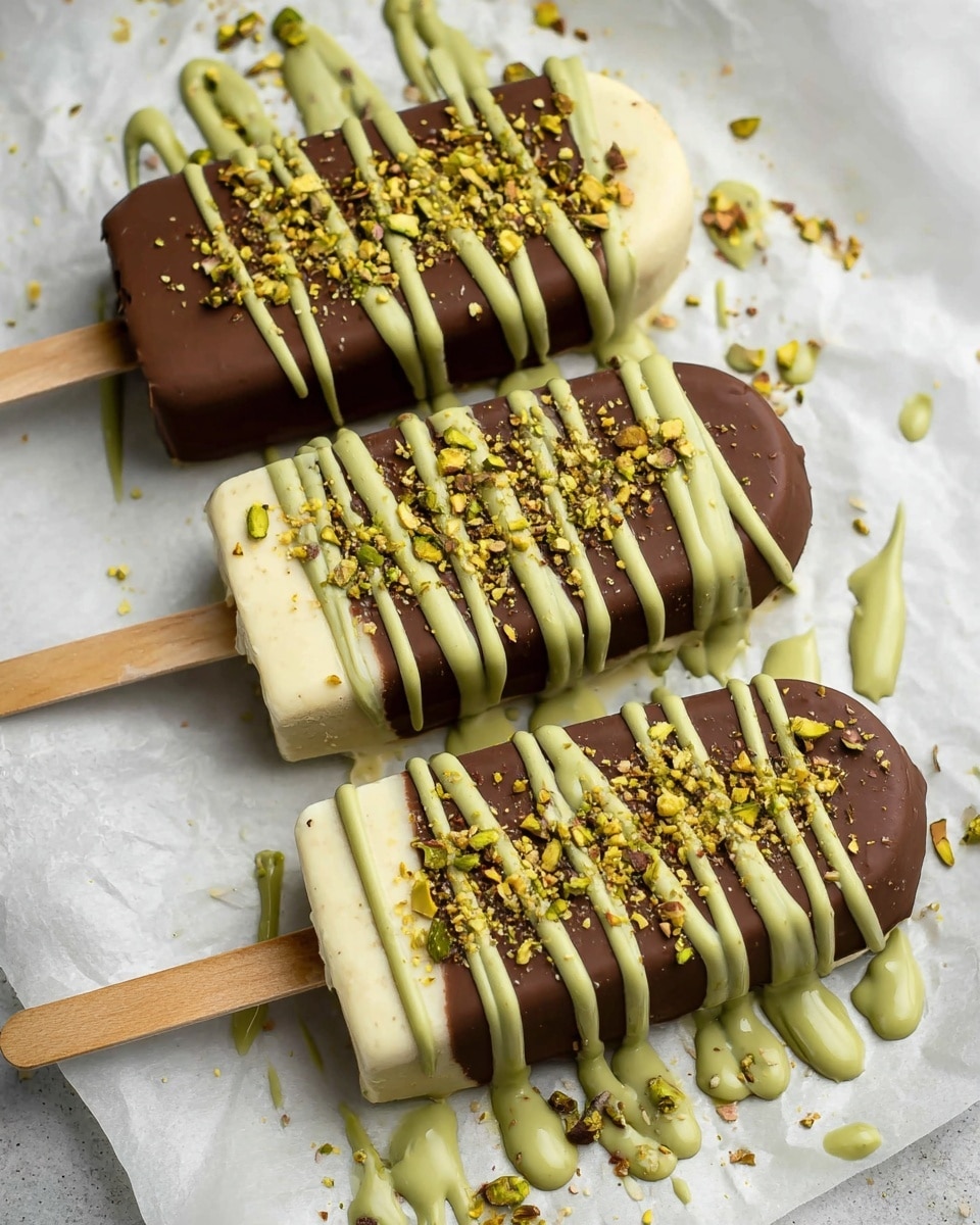 Three ice cream bars are lined up on a sheet of white parchment paper over a white marbled surface. Each bar has three layers: a creamy off-white ice cream base, a smooth dark brown chocolate middle coating, and a thick drizzle of light green sauce on top, spread in even horizontal lines. Small pieces of crushed green and golden nuts are sprinkled over the green drizzle, adding texture and color contrast. Wooden sticks protrude from the bottom of each bar, resting flat. Some green drizzle has spilled around the bars, adding an artistic, messy touch. photo taken with an iphone --ar 4:5 --v 7
