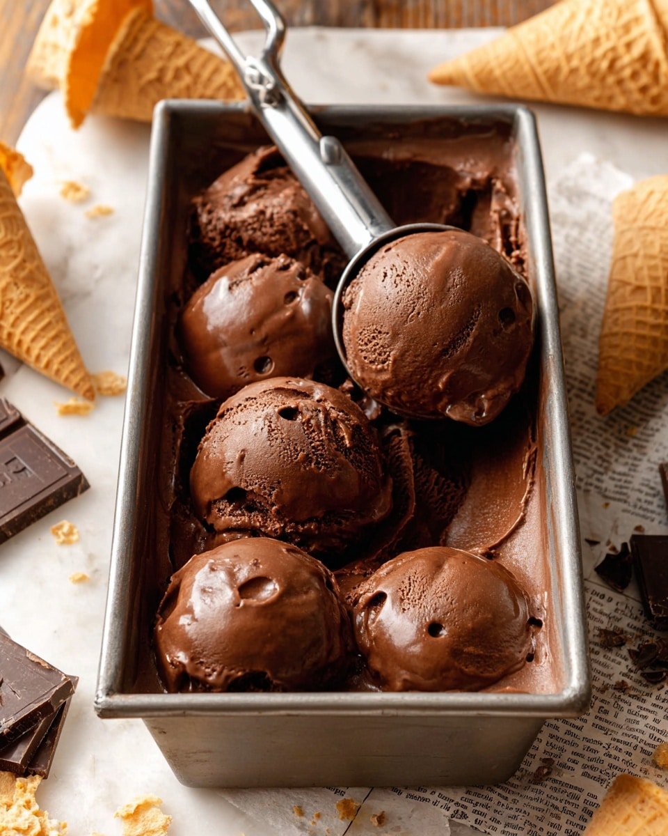 A metal rectangular container filled with six rounded scoops of rich, smooth dark chocolate ice cream, with a metal ice cream scooper resting inside. The ice cream has a shiny, creamy texture with a few small holes and slightly melting edges. Around the container, there are several light golden waffle cones placed on a white marbled surface, along with pieces of dark chocolate squares and scattered pieces of newspaper. The setting is warm and inviting, focusing closely on the creamy chocolate ice cream. photo taken with an iphone --ar 4:5 --v 7