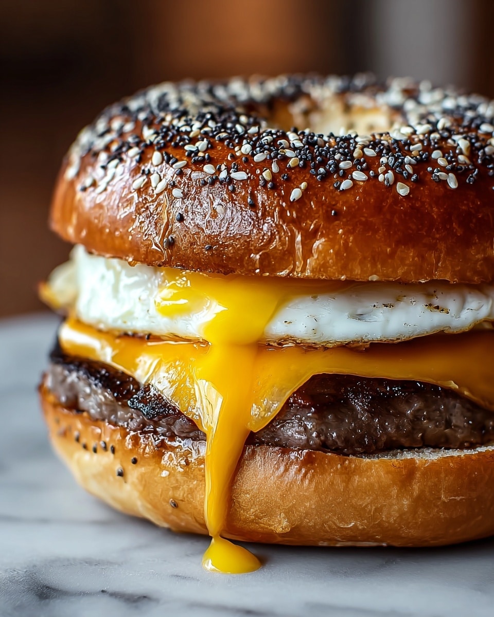 A close-up of a breakfast sandwich with four main layers starting from the bottom: a soft, glossy light brown sandwich bun base with a melted slice of bright orange cheddar cheese overlapping the edge, a juicy piece of grilled dark brown steak with a slightly charred texture, a fried egg with a white and lightly crispy edge and a runny golden yolk spilling out, all topped with a shiny, toasted light brown bagel bun sprinkled densely with white sesame and black poppy seeds. The sandwich sits on a white marbled texture, and photo taken with an iphone --ar 4:5 --v 7