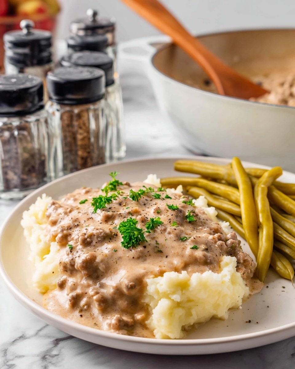 A white plate shows a serving of creamy mashed potatoes at the base, soft and slightly lumpy with a pale off-white color. On top and spread over part of the potatoes is a thick, light brown ground beef gravy with visible small chunks of beef, speckled with black pepper, and garnished with chopped green parsley. Next to the mashed potatoes and gravy is a pile of green beans, cut into short pieces, glossy and bright green, adding a fresh contrast. The plate is set on a white marbled surface, highlighting the dish's homey and comforting feel. photo taken with an iphone --ar 4:5 --v 7