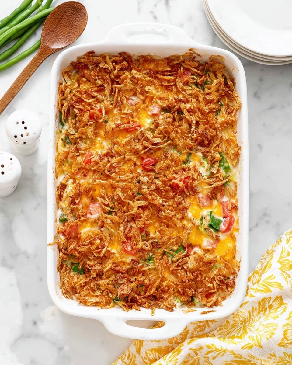 The dish is a creamy green bean casserole served in a white casserole dish. It has bright green beans in the bottom layer, covered by a thick creamy white sauce with chunks of soft vegetables or meat mixed in. The top layer is melted golden-yellow cheese interspersed with orange and brown crispy fried onions, giving a crunchy texture. A wooden spatula lifts a portion, showing the gooey, stringy cheese stretching between the layers, with the green beans and creamy sauce clearly visible under the crispy topping. The dish sits on a white marbled surface. Photo taken with an iphone --ar 4:5 --v 7