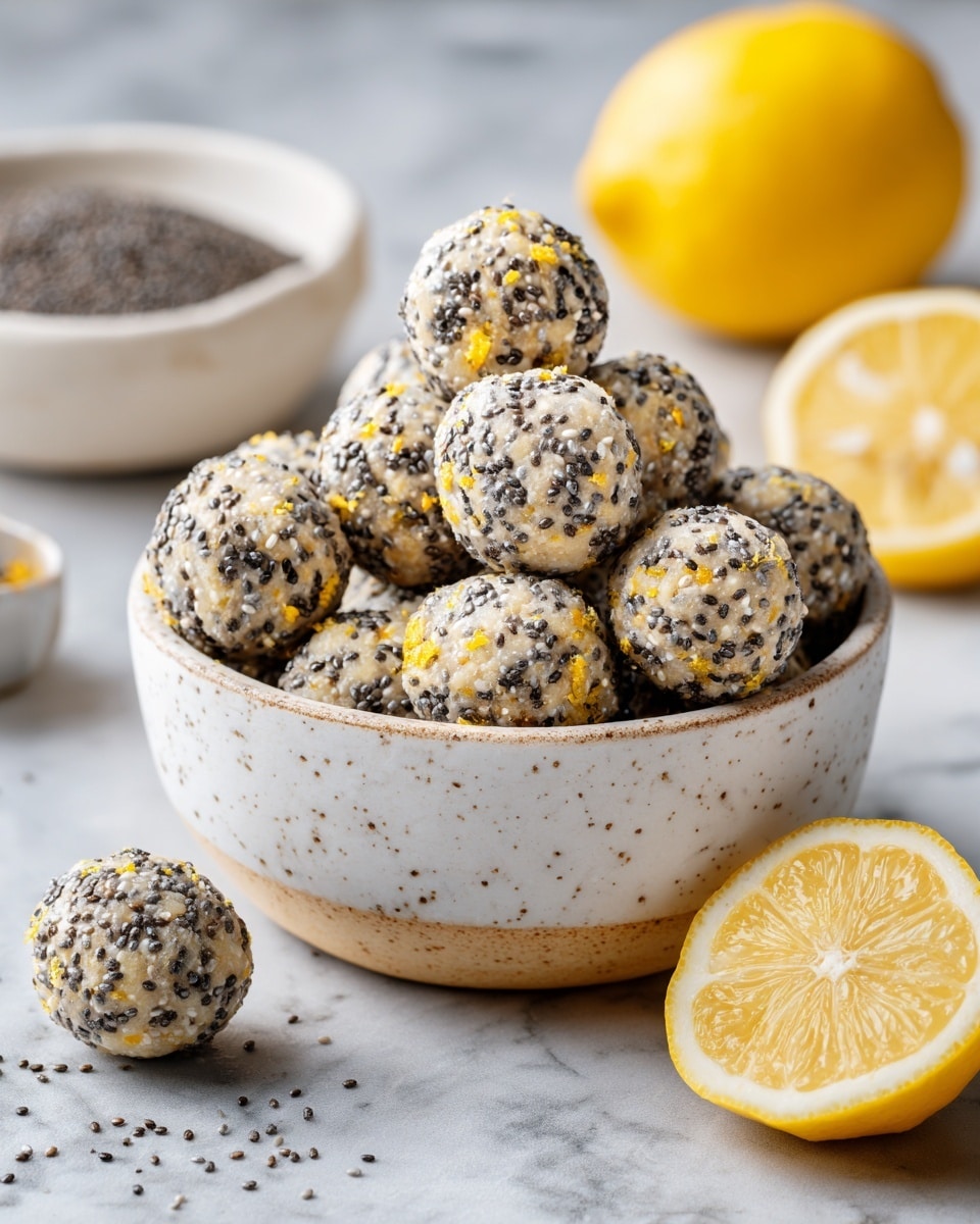 A white speckled bowl filled with round energy balls covered in white and black chia seeds, with visible bits of yellow lemon zest and crushed nuts, stacked high inside the bowl and one ball resting outside. To the right of the bowl is a lemon half with bright yellow flesh and a white pith. In the background, a whole lemon and a white bowl filled with black chia seeds sit on a white marbled surface. The overall color palette is soft with yellow highlights and natural textures, focusing on the rough texture of the seeds and the smooth surface of the lemon. photo taken with an iphone --ar 4:5 --v 7
