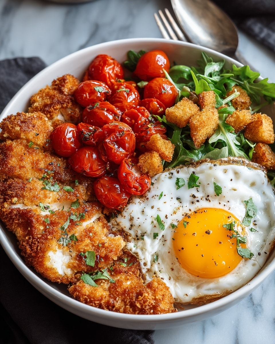 A white bowl filled with four main layers arranged side by side: on the left are golden brown, crispy breaded chicken slices with a rough texture; next to it, a fried egg with a bright yellow yolk and soft white edges sprinkled with green herbs and black pepper; beside the egg, vibrant red cooked cherry tomatoes glossy with a thick sauce and herbs on top; and at the back, fresh green leafy salad mixed with crispy golden croutons. The bowl is set on a white marbled surface with a fork nearby. photo taken with an iphone --ar 4:5 --v 7