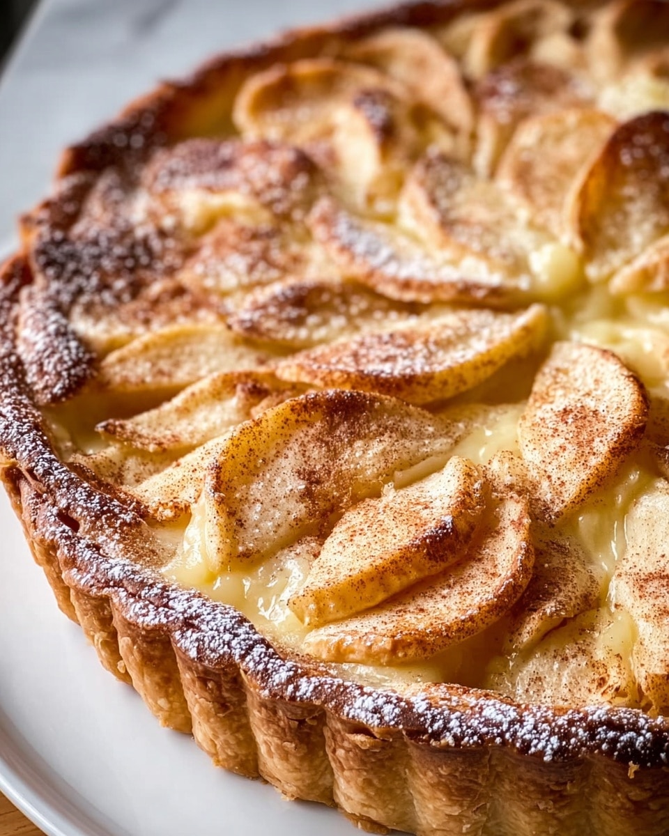 A close-up view of a golden-brown apple tart on a white plate, featuring a flaky crust with crimped edges dusted with powdered sugar. The top layer consists of thin, warmly baked apple slices arranged in a circular pattern, overlapping slightly and lightly sprinkled with cinnamon powder, giving a textured, speckled look. Beneath the apple slices, a smooth, creamy custard layer is partially visible through a cut slice, showing a soft, pale yellow color. The white marbled surface under the plate adds a clean and simple background. photo taken with an iphone --ar 4:5 --v 7