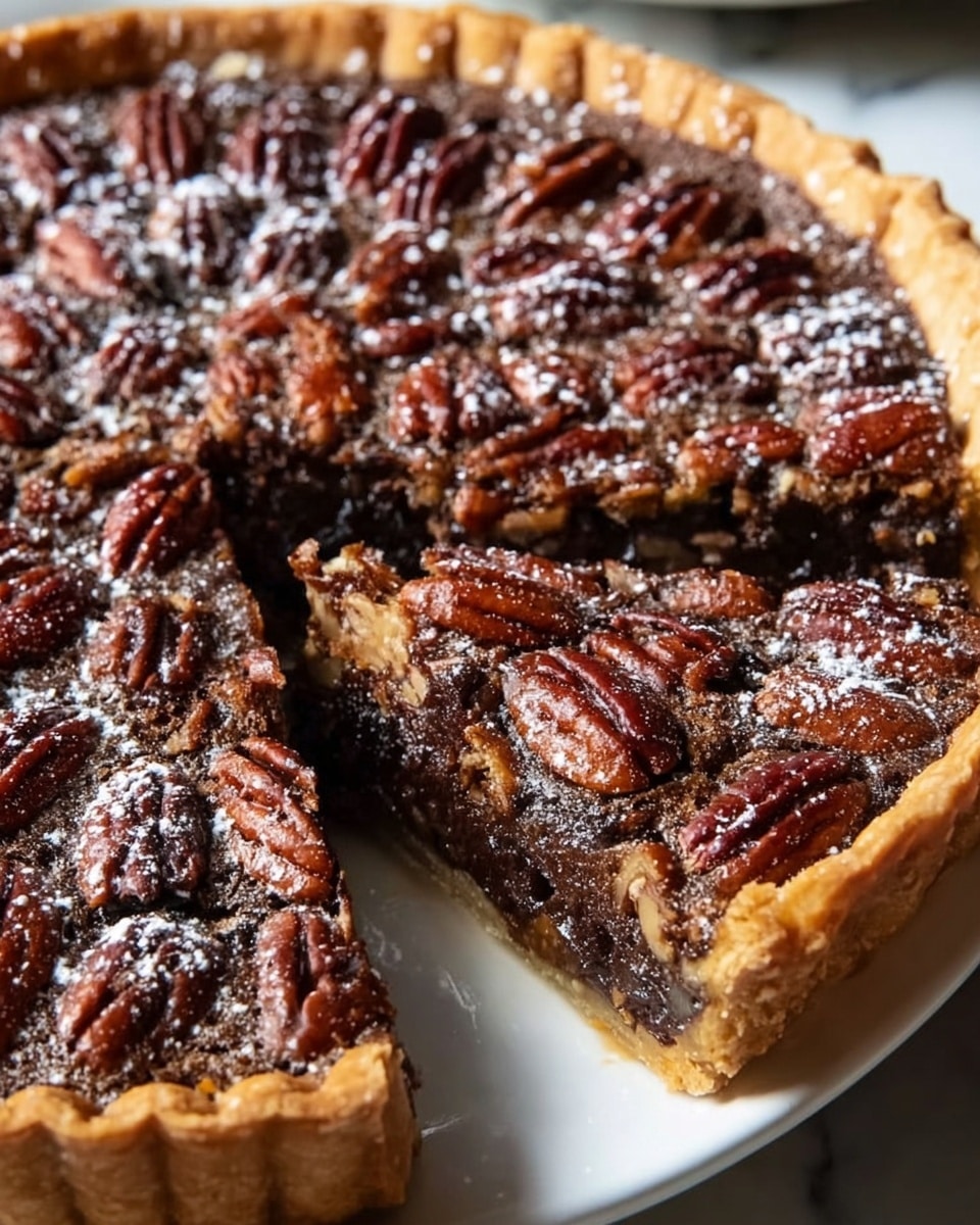 The image shows a close-up of a pecan pie with one slice taken out. The pie has a thick golden-brown crust on the edge. The top layer is full of whole glossy brown pecans arranged close together, covering a dark, shiny, gooey filling beneath that looks smooth and rich. The filling is thick and dark brown, contrasting with the lighter pecans. The pie sits on a white plate, all set on a white marbled surface, with natural light highlighting the textures and slight dusting of powdered sugar over the top. photo taken with an iphone --ar 4:5 --v 7