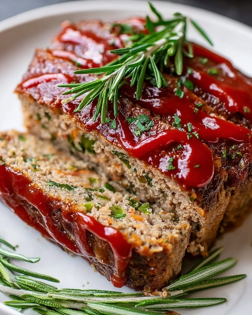 A close-up of two thick slices of meatloaf on a white plate, with the top slice showing a shiny, browned crust covered with red ketchup drizzled in lines and sprinkled green herbs. The inner layers of the meatloaf are light brown with visible green and orange bits, showing a moist texture. On top of the meatloaf is a small bunch of fresh green rosemary, and more rosemary sprigs are placed around the plate on a white marbled surface. Photo taken with an iphone --ar 4:5 --v 7