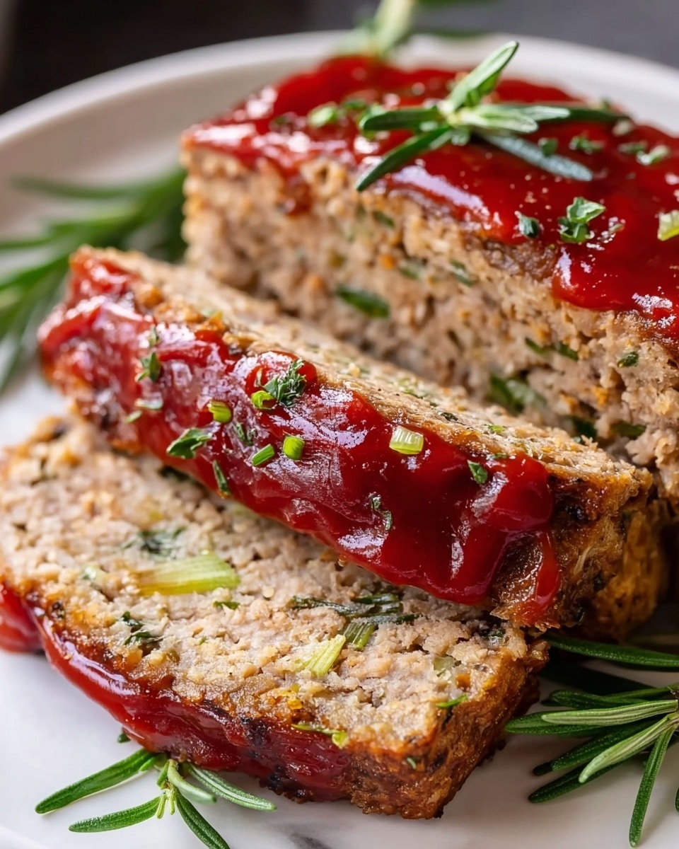 A close-up of two thick rectangular slices of golden-brown meatloaf on a white plate, with the top layer showing a shiny red ketchup sauce applied in a loose zigzag, sprinkled with small bits of green herbs. The meatloaf’s texture looks moist and dense with visible green flecks of herbs inside. Fresh green rosemary sprigs rest on and around the meatloaf on a white marbled surface, adding a bright contrast, and one slice is partially cut to show the soft inside. photo taken with an iphone --ar 4:5 --v 7