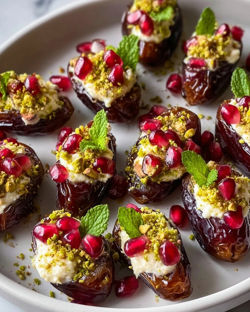 The image shows a white plate filled with shiny dark brown dates, each cut open and stuffed with a creamy white filling. On top of the filling, there is a layer of crushed green pistachios adding texture and color. Bright red pomegranate seeds are scattered on each date, adding a pop of color. Fresh green mint leaves are placed on top of some dates, giving a fresh look. The plate sits on a white marbled surface. photo taken with an iphone --ar 4:5 --v 7