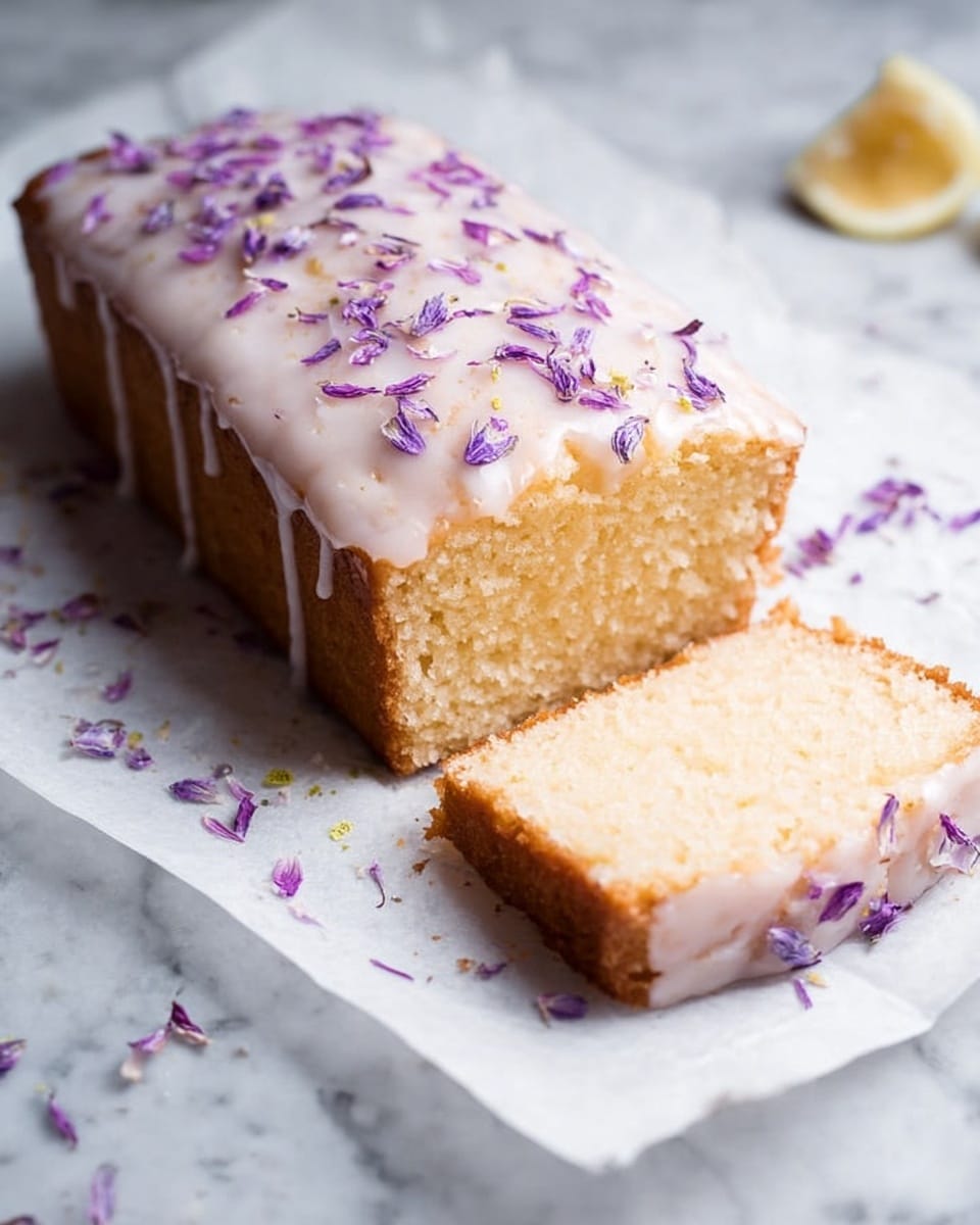 A rectangular loaf cake with one slice cut and placed in front lies on a white marbled surface covered partially with white parchment paper. The cake has a moist, light golden-brown crumb with a smooth, shiny white glaze covering the entire top and sides. The top is decorated with small, delicate purple flower petals spread evenly, with a few petals scattered on the parchment paper near the cake. The glaze is slightly dripping down the sides, giving a fresh, soft look. Photo taken with an iphone --ar 4:5 --v 7