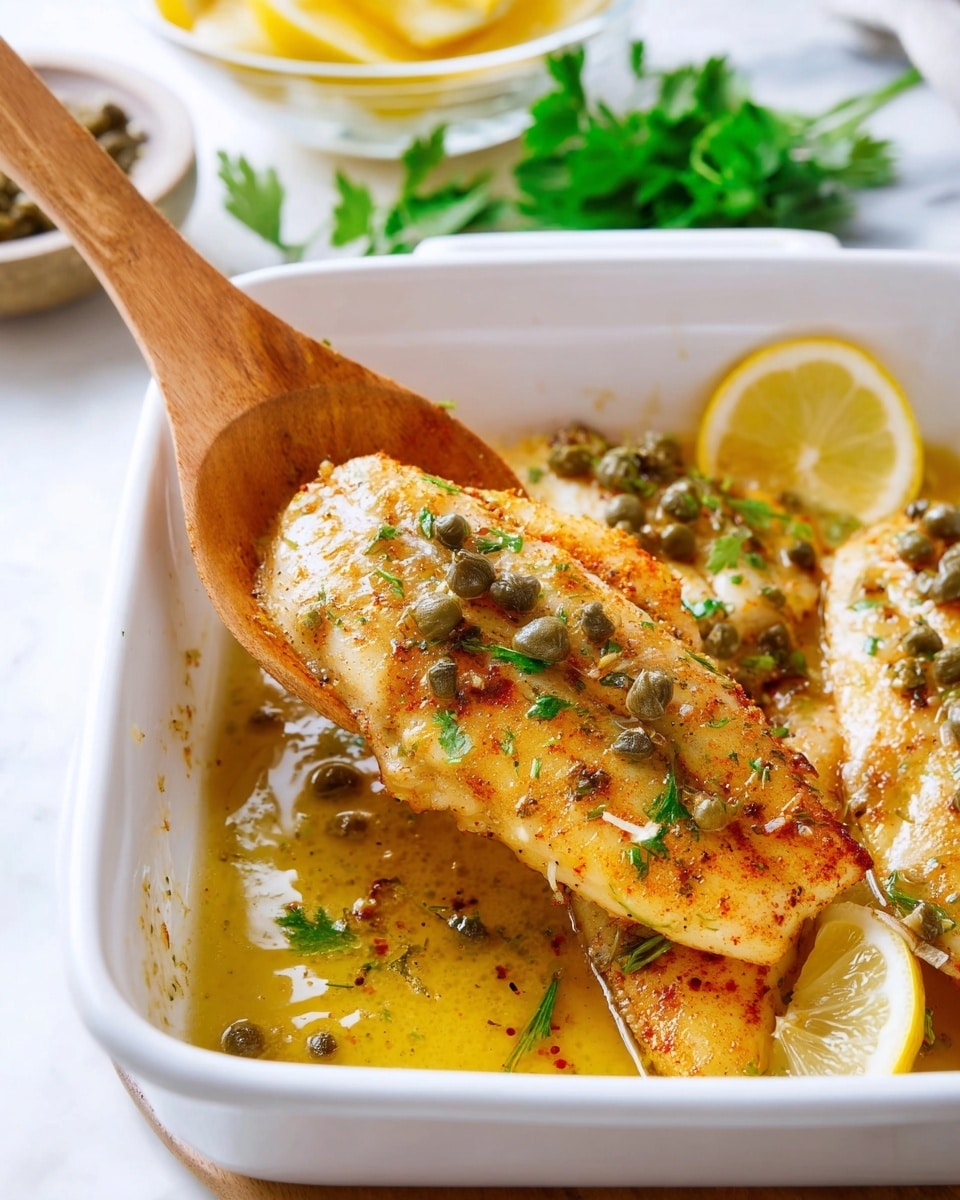 A white baking dish holds two pieces of golden-brown cooked fish fillets, each seasoned with small green capers and sprinkled with red spices and mixed herbs. A wooden spoon lifts one fillet, revealing a juicy, slightly crispy texture with a light glaze of olive oil or butter sauce that pools at the bottom. To the side, bright yellow lemon wedges sit partially in the sauce, adding vibrant color contrast. Crisp green parsley in the foreground and a soft-focused bowl of lemon wedges in the background rest on a white marbled surface, enhancing freshness. photo taken with an iphone --ar 4:5 --v 7