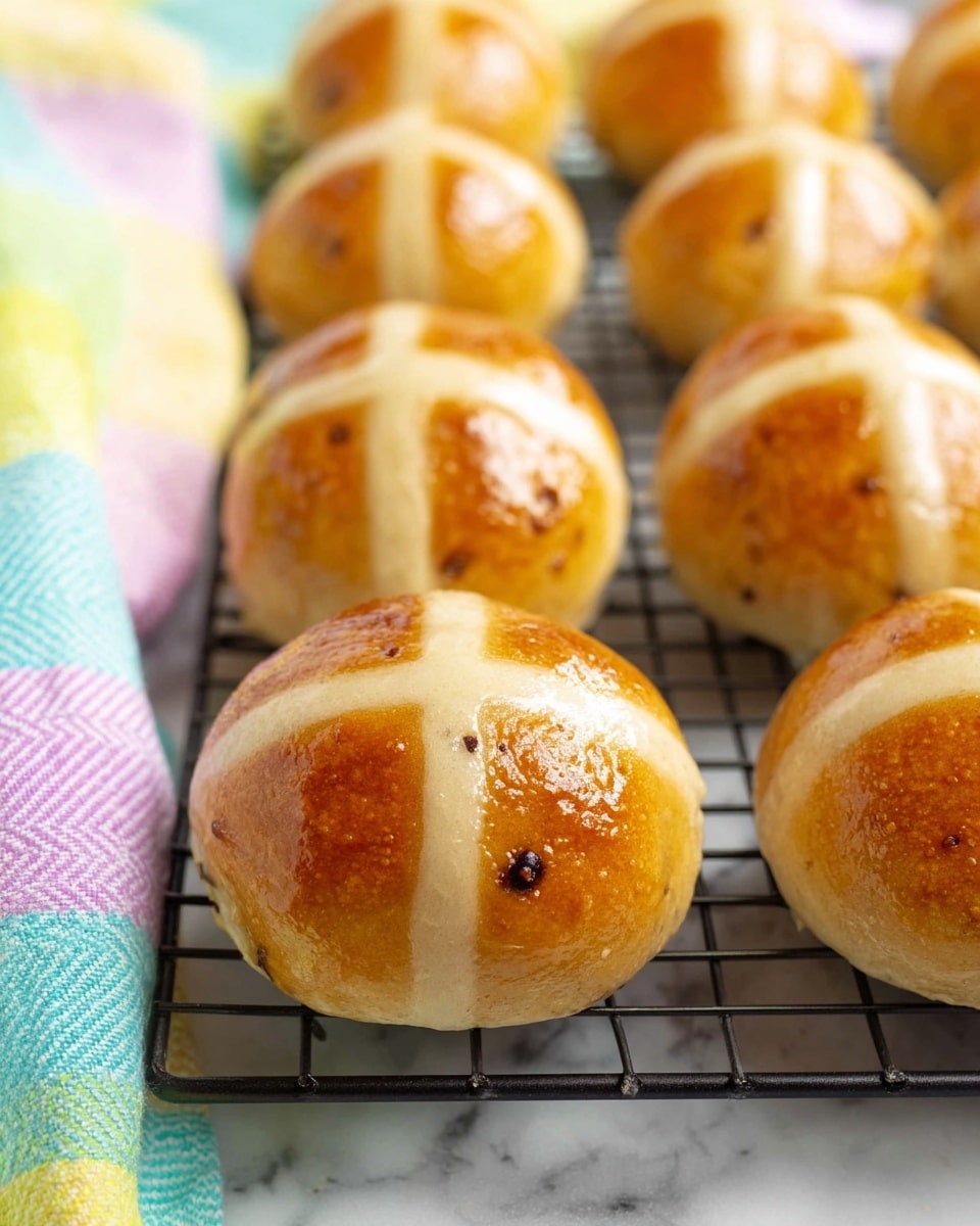The image shows a close-up of several round, golden-brown hot cross buns arranged in rows on a black cooling rack. Each bun has a smooth, shiny surface with small dark specks inside and a white cross made of icing or dough on top, crossing horizontally and vertically. The rack sits on a white marbled surface. On the left side, there is a pastel plaid cloth with light yellow, blue, pink, and green colors, slightly out of focus. The background is softly blurred, putting a clear focus on the hot cross buns in front. photo taken with an iphone --ar 4:5 --v 7