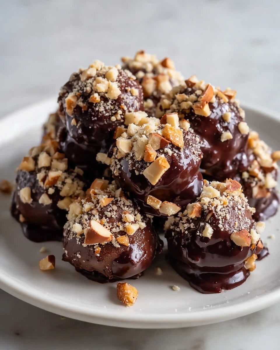 A cluster of round chocolate balls sits on a white plate, each ball covered in a thick, shiny layer of dark chocolate. The balls are coated generously with small chunks of light brown chopped nuts, adding a crunchy texture on the outside. The chocolate coating is smooth and glossy, with some parts gently dripping down the sides of the balls, making them look rich and creamy. The white plate contrasts with the dark chocolate and the sprinkled nuts, while the background shows a white marbled surface that adds a clean, elegant touch. photo taken with an iphone --ar 4:5 --v 7