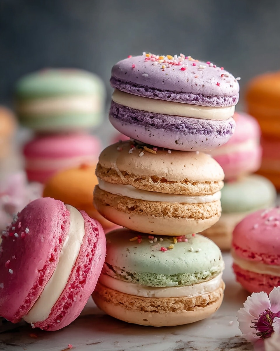 The image shows a close-up of a group of macarons stacked and leaning against each other on a white marbled surface. The macarons have two rounded, smooth shells with a slightly rough edge, sandwiching a creamy filling layer. The colors include light beige with tiny colored sprinkles on top, bright pink, purple, orange, light green, and soft pink, all with a creamy white filling in the middle. The textures are smooth and crisp on the shells with a soft and creamy center, and the macarons are arranged in a casual, slightly leaning stack with some blurred macarons in the background on the white marbled surface. Photo taken with an iphone --ar 4:5 --v 7