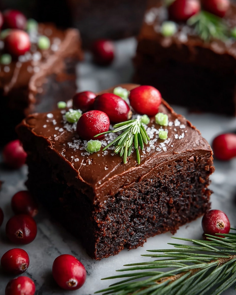 A close-up view of a rich chocolate brownie with two visible layers; the bottom layer is dark, dense, and moist cake, and the top layer is smooth, glossy chocolate frosting spread evenly. On top of the frosting, bright red cranberries and small green candy pieces are scattered along with coarse white salt crystals, creating a festive look. A small sprig of green rosemary adds a fresh touch, placed near the top edge of the brownie. Around the brownie, more red cranberries and green pine branches are scattered on a white marbled surface, enhancing the holiday feel. Photo taken with an iphone --ar 4:5 --v 7