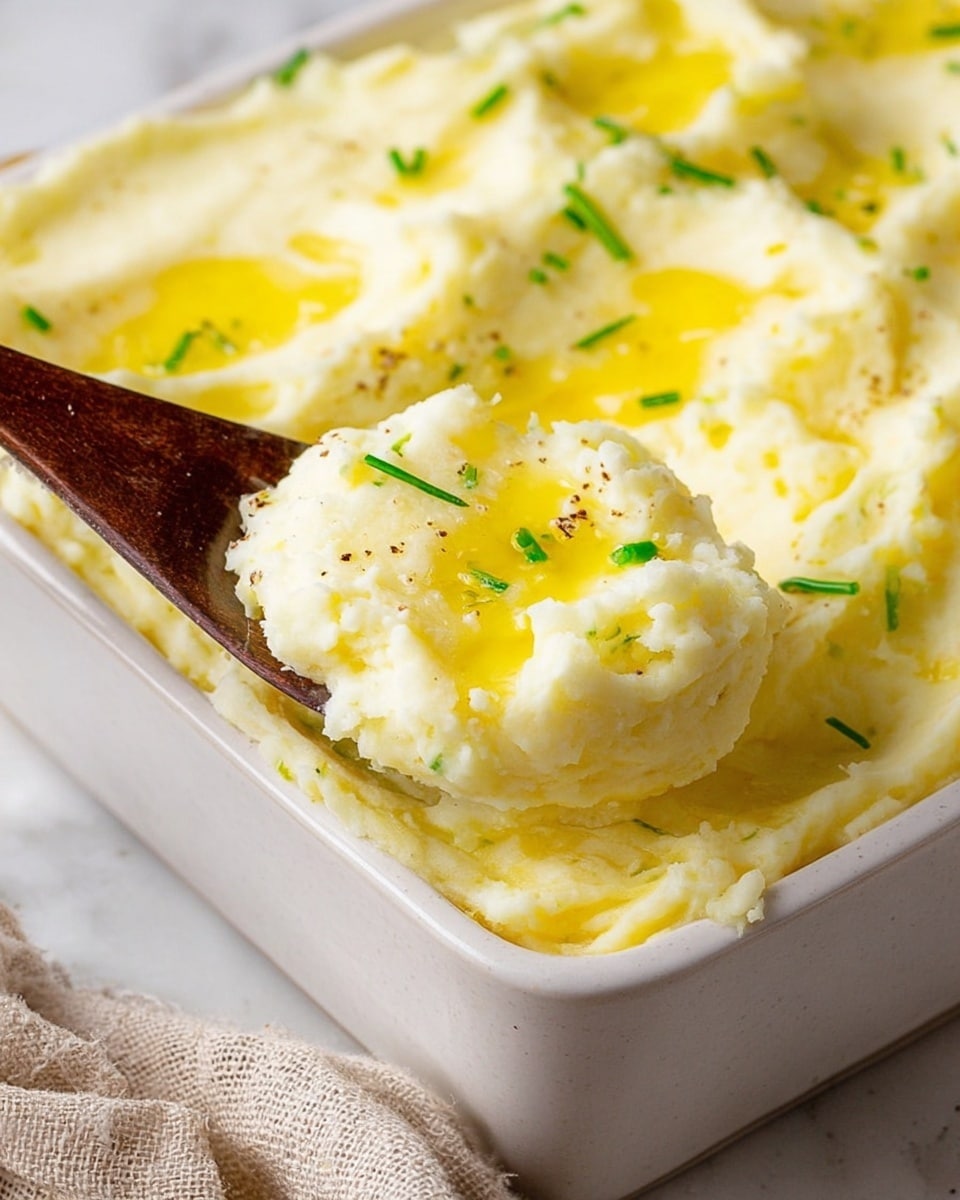 A close-up of a white rectangular dish filled with creamy mashed potatoes, showing a thick layer of smooth, fluffy white potato with a slightly golden top and small green chives sprinkled over it. There are pools of melted yellow butter sitting in indentations across the surface of the mashed potatoes. A wooden spoon lifts a scoop of the mashed potatoes, revealing their soft, light texture. The dish rests on a white marbled texture surface, and a blurred glass and some herbs can be seen in the background. Photo taken with an iphone --ar 4:5 --v 7