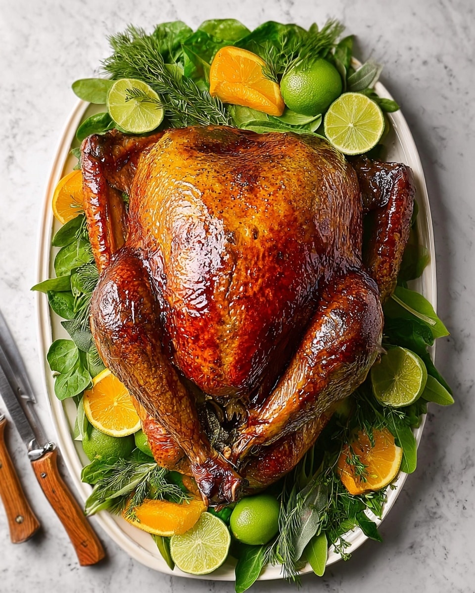 A whole roasted turkey with shiny, golden-brown skin rests in the center of a white oval plate. Surrounding the turkey are fresh green herbs and large, bright slices of orange and lime, adding a pop of color. The green beans are placed at the top edge of the plate, creating a neat, upright cluster. The herbs varied in texture and shades of green fill the spaces around the turkey's legs and wings, making the dish look fresh and vibrant. The setting is on a white marbled texture, with a knife partially visible in the background. Photo taken with an iphone --ar 4:5 --v 7