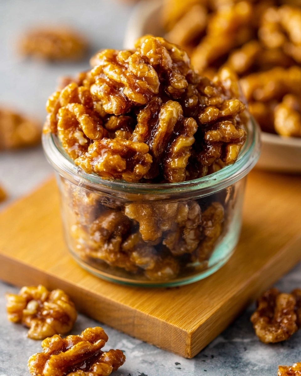 A clear glass jar filled to the top with glossy, caramel-coated walnuts that are golden brown with a shiny texture, resting on a small wooden square board. Around the jar, there are some loose caramelized walnuts scattered on a gray surface, and a shiny gold spoon is placed to the right side of the jar. The background has a soft blue-gray tone, while the scene sits on a white marbled texture surface. Photo taken with an iphone --ar 4:5 --v 7