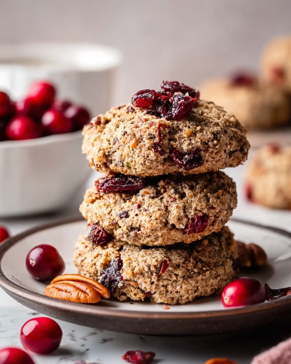A stack of four rough-textured oatmeal cookies with visible pieces of red dried cranberries and brown pecans, placed on a white plate with a thin dark rim. The cookies are golden-brown with a slightly crispy edge and a chewy center, showing small oats and chia seeds throughout. The top cookie slightly leans against the stack, highlighting its uneven, chunky surface. In the background, scattered red cranberries are softly out of focus on a white marbled surface. Photo taken with an iphone --ar 4:5 --v 7