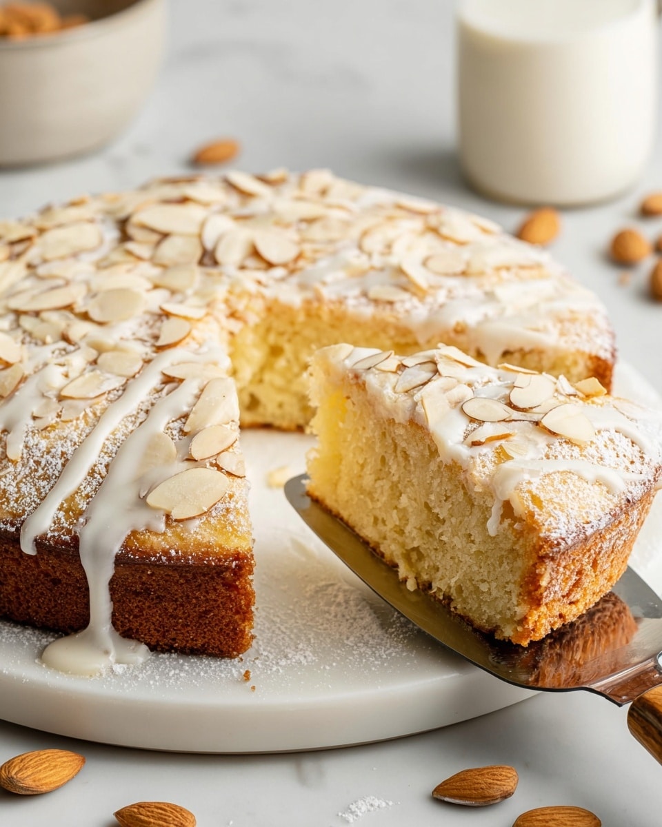 A round, single-layer cake with a golden-brown color sits on a white plate lined with parchment paper, placed on a white marbled surface. The top of the cake is covered with a light dusting of powdered sugar and slivered almonds, and it is drizzled generously with white icing forming a crisscross pattern that drips invitingly down the sides. The background features a white marbled texture with a small white bowl of almonds to the right and blurred jars of almonds and white ingredients behind the cake. Photo taken with an iphone --ar 4:5 --v 7