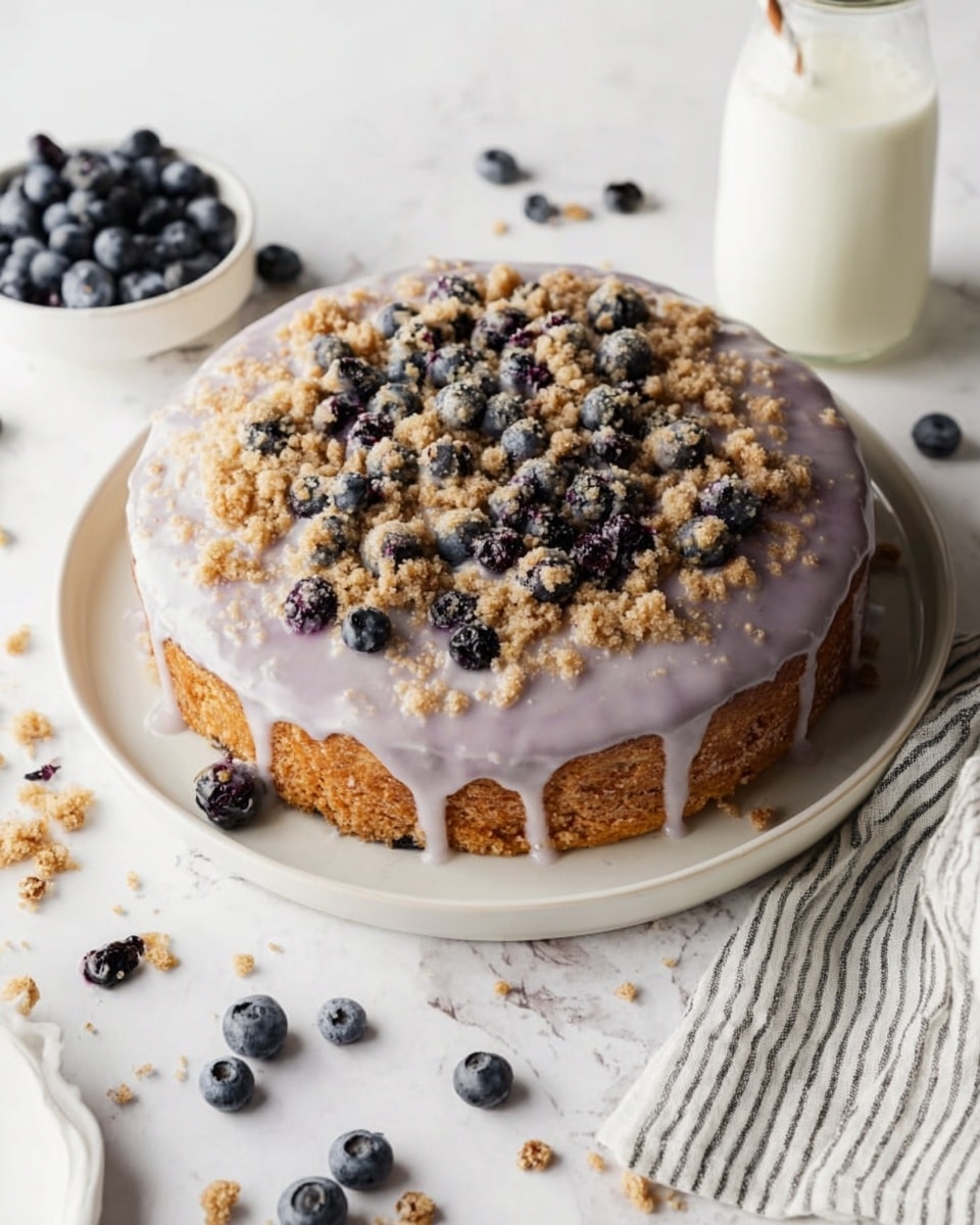 A thick, round cake is shown on a white plate with a white marbled texture surface underneath. The cake has three layers: the bottom layer is golden yellow with a soft and moist texture; the middle layer is a deep purple-blue berry filling visible through the sides; the top layer consists of a crumbly brown streusel topping with a rough texture, drizzled with a shiny light purple glaze that drips down the sides. A slice is being lifted with a cake server, showing the three layers clearly, with the glaze dripping slightly from the slice. In the background, there are a few scattered blueberries and a white bowl with a wooden spoon on the white marbled texture surface. photo taken with an iphone --ar 4:5 --v 7