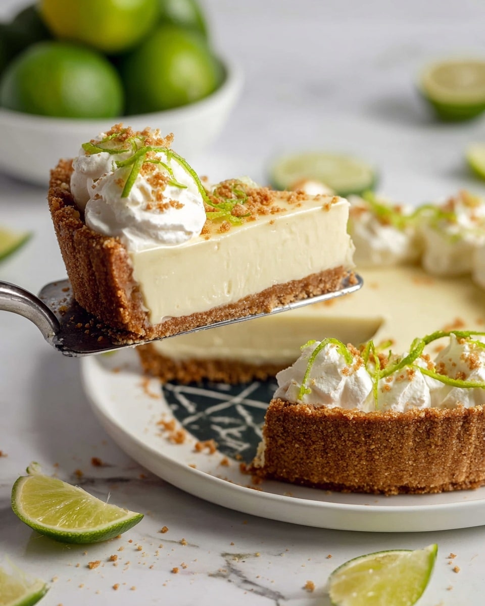 A round tart with a thick, textured brown crust forms the base, filled with a smooth, creamy white layer. On top is a generous swirl of fluffy white whipped cream, decorated with small lime wedges, bright green lime zest, and thin lime peel curls scattered all over. Some brown crumb sprinkles add contrast atop the whipped cream. The tart sits on a white plate, placed on a white marbled surface, surrounded by lime wedges, whole limes, and a white cloth napkin. A cake server with a wooden handle lies nearby. Photo taken with an iphone --ar 4:5 --v 7