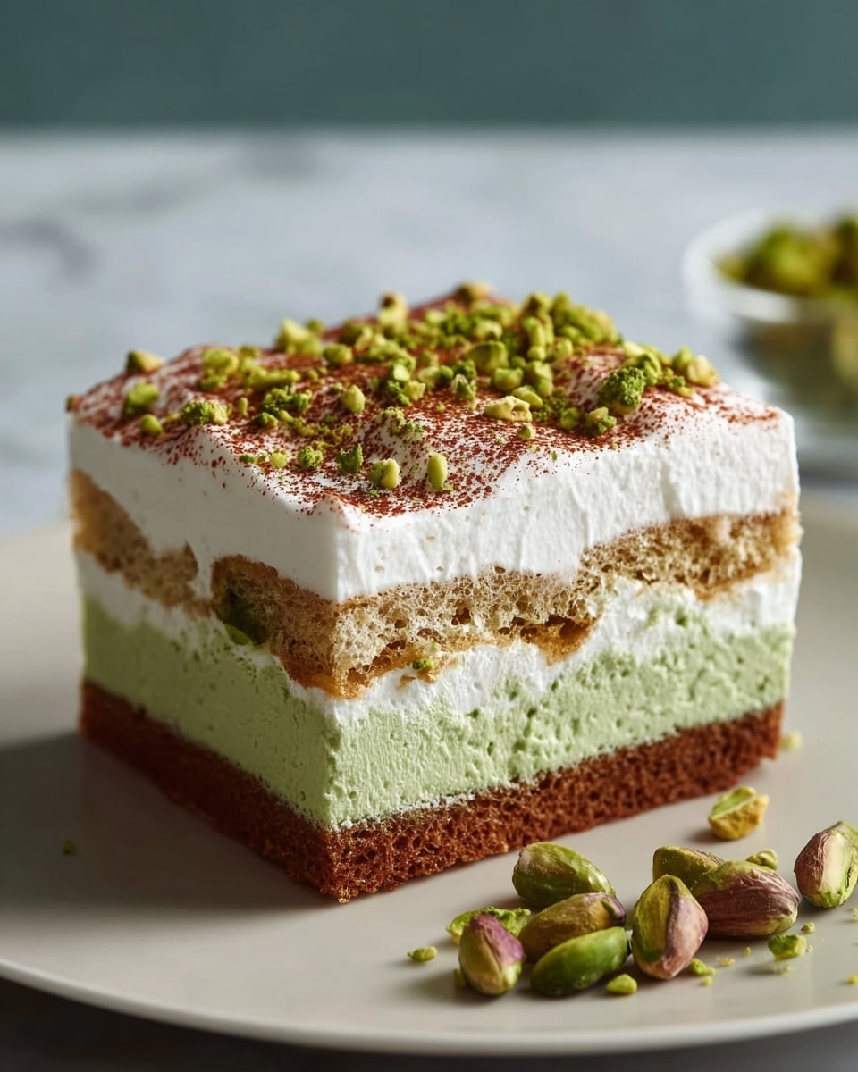 A square piece of dessert with four distinct layers sits on a white plate. The bottom layer is a dark brown cake or biscuit base, topped by a light green cream layer that looks smooth and fluffy. Above this is a middle layer of light brown, spongy biscuit or cake, followed by another layer of white cream. The top layer is a thick, airy white cream sprinkled lightly with a reddish-brown powder and scattered with crushed green pistachio pieces. Some crushed pistachios also lie on the plate near the dessert. The background is a soft white marbled texture. Photo taken with an iphone --ar 4:5 --v 7