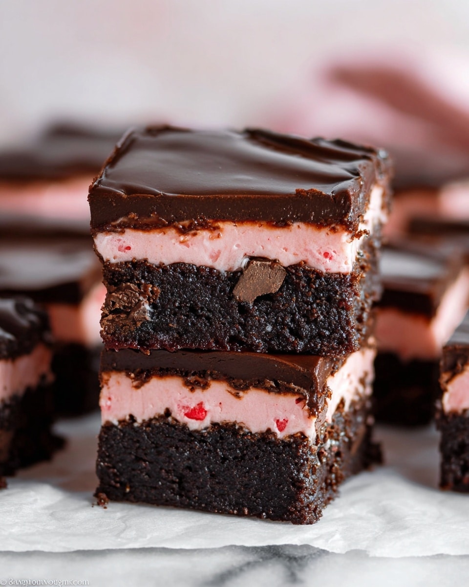 A stack of three square brownie pieces with three visible layers each: the bottom layer is thick, dark, and fudgy chocolate brownie containing some chocolate chunks; the middle layer is a thinner, creamy pink frosting with small red specks; the top layer is a smooth, glossy dark chocolate ganache. The brownies rest on white parchment on a white marbled surface, with more similar brownies blurred in the background. The lighting is soft and natural, highlighting the rich texture and layers of the brownies. Photo taken with an iphone --ar 4:5 --v 7