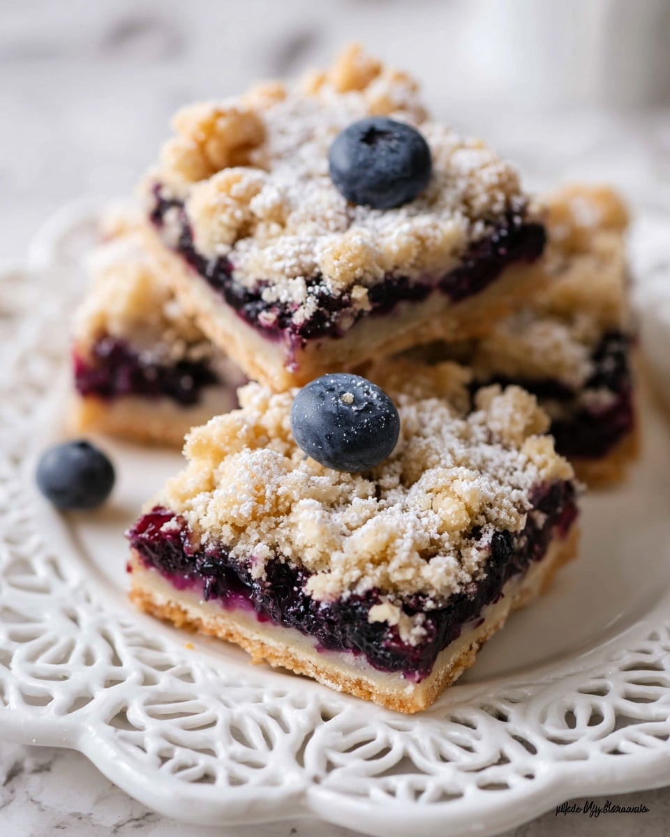 Three square pieces of blueberry crumble bars are placed on a white decorative plate with a lace edge, sitting on a white marbled surface. Each bar has three layers: the bottom crust is light golden brown and firm, the middle layer consists of thick, dark purple blueberry filling, and the top layer is golden crumb topping sprinkled with powdered sugar. Each bar is topped with a single, plump blueberry. The photo is close up, showing texture details on the crumble and filling. Photo taken with an iphone --ar 4:5 --v 7