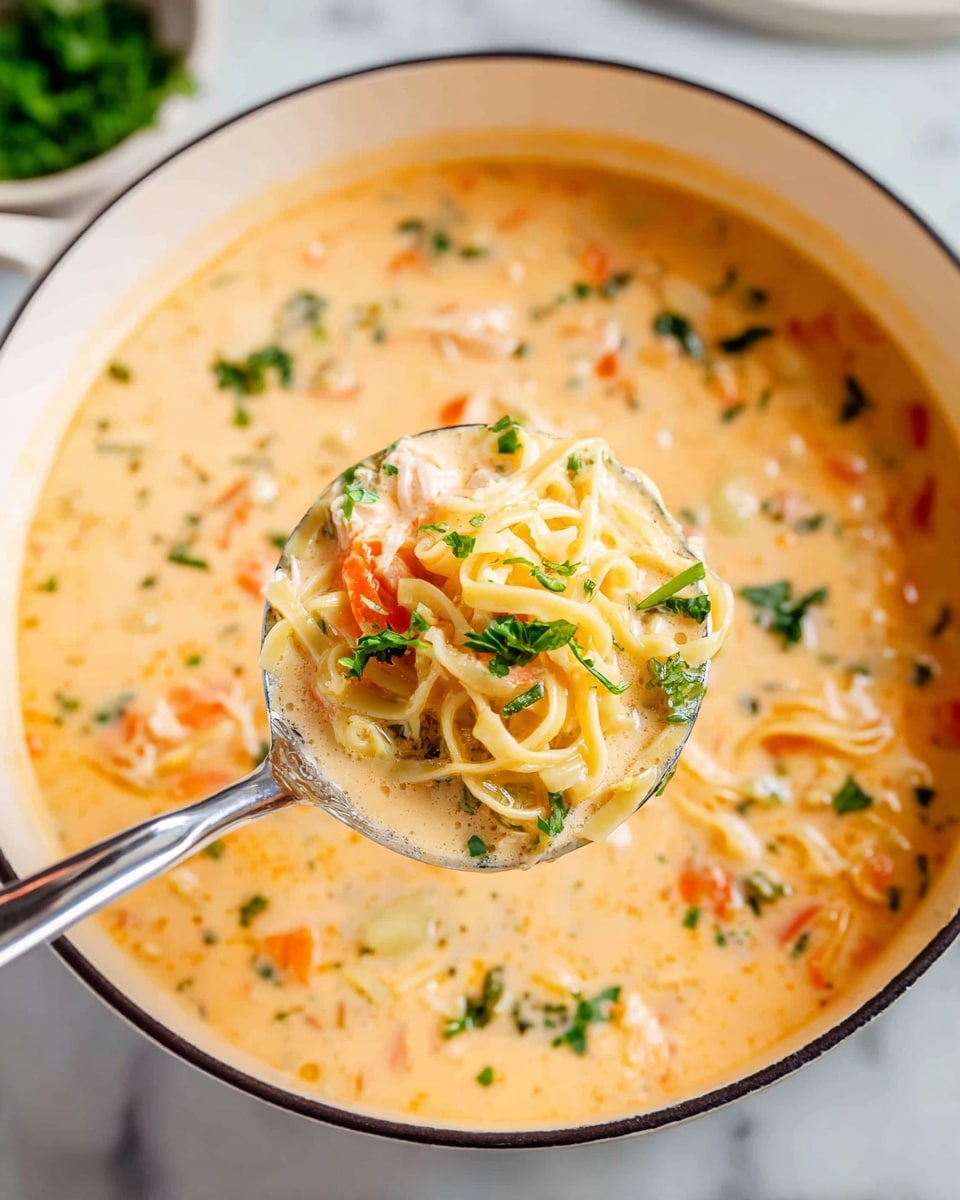 The image shows a white pot filled with creamy soup that has small pieces of orange carrot, green herbs, and pale noodles mixed inside. A ladle holds a scoop of the thick soup, revealing soft noodles, chunks of vegetables, and fresh green parsley on top, all coated in a rich, light orange cream broth. The soup looks smooth and inviting with a mix of soft textures and bright bits of ingredients. The background and table surface are white with a marbled texture. photo taken with an iphone --ar 4:5 --v 7