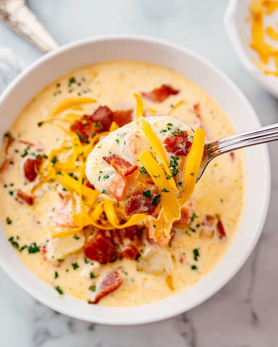 A close-up view of a white bowl filled with a creamy soup that has a thick, smooth texture in a light beige color. The soup contains small pieces of red tomato and crispy brown bacon scattered throughout. On top, there are several thin yellow cheese strips and chopped green herbs sprinkled evenly. A silver spoon is held over the bowl by a woman's hand, lifting a scoop of the soup that shows all the elements—creamy base, tomato bits, bacon, cheese strips, and herbs. The background is a white marbled texture. photo taken with an iphone --ar 4:5 --v 7