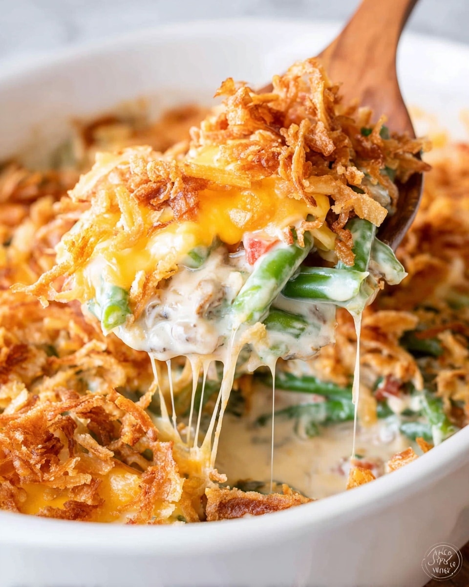 A rectangular white baking dish holds a layered casserole topped with a golden-brown crunchy layer of fried onions mixed with melted cheddar cheese. Underneath, bits of red tomato pieces and green chopped vegetables peek through the crispy topping. The casserole looks soft and cheesy beneath the crisp top. The dish is placed on a white marbled surface with some green beans and a wooden spoon nearby, along with white plates stacked on the side and a white container with holes for salt or pepper. A yellow and white patterned cloth is partially visible at the bottom right corner. Photo taken with an iphone --ar 4:5 --v 7