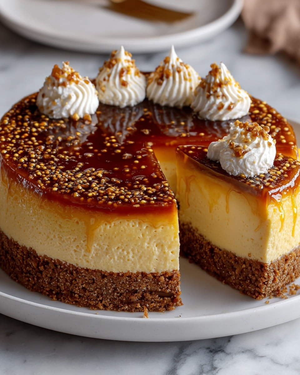A round cheesecake sits on a white plate on a white marbled surface, showing three distinct layers: a thick, crumbly brown crust at the bottom, a dense and smooth pale creamy yellow middle cheesecake layer, and a shiny, dark amber caramelized sugar top layer with a slightly burnt texture. On top, there are three swirls of white whipped cream placed near the center, sprinkled lightly with tiny brown specks. A slice is cut out from the cake, revealing the clear separation of layers. The background is softly blurred, focusing fully on the cheesecake. photo taken with an iphone --ar 4:5 --v 7