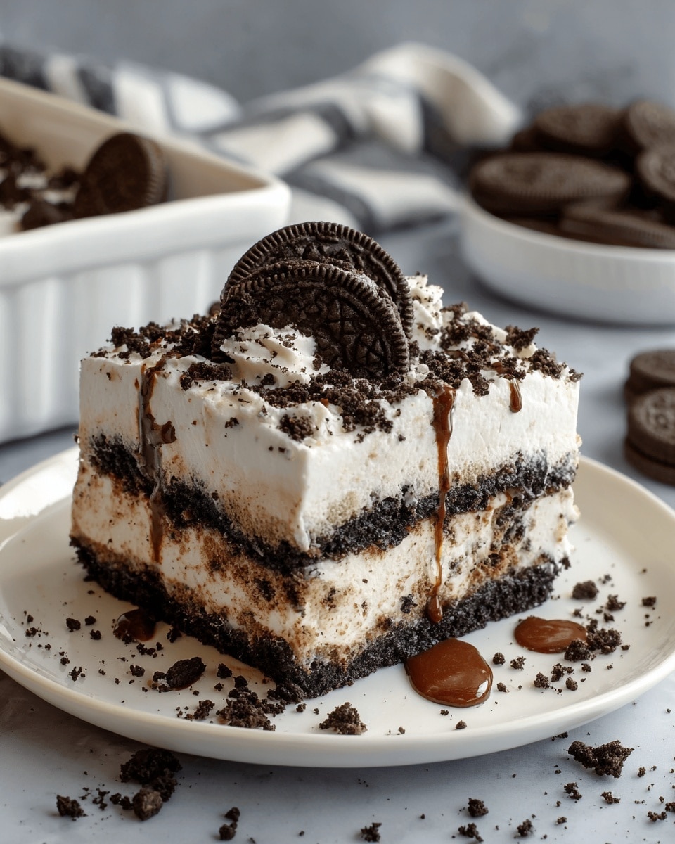 A square piece of cookies and cream dessert is placed on a white plate with crumbs scattered around. The dessert has four layers: the bottom and the middle layers are dark, crumbly cookie crusts; the second layer from the bottom is thick creamy vanilla mixed with cookie pieces; the top layer is fluffy white cream with dark cookie crumbs sprinkled on it. Two whole dark cookies are placed on top, along with a drizzle of chocolate syrup. The plate sits on a white marbled surface with a white dish holding more whole cookies blurred in the background. photo taken with an iphone --ar 4:5 --v 7