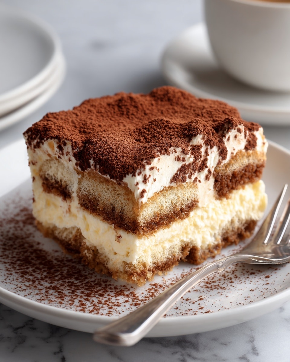 A square slice of tiramisu is placed on a white plate with a silver fork on the right side. The tiramisu has three visible layers: the bottom and middle layers are soft, coffee-soaked ladyfinger biscuits in light brown with dark coffee spots; the second and top layers are thick, creamy, pale yellow mascarpone cheese; the very top is dusted with a rich layer of dark brown cocoa powder. There is extra cocoa powder sprinkled around the tiramisu on the plate. The background is a white marbled texture with an out-of-focus white cup and saucer in the back. photo taken with an iphone --ar 4:5 --v 7