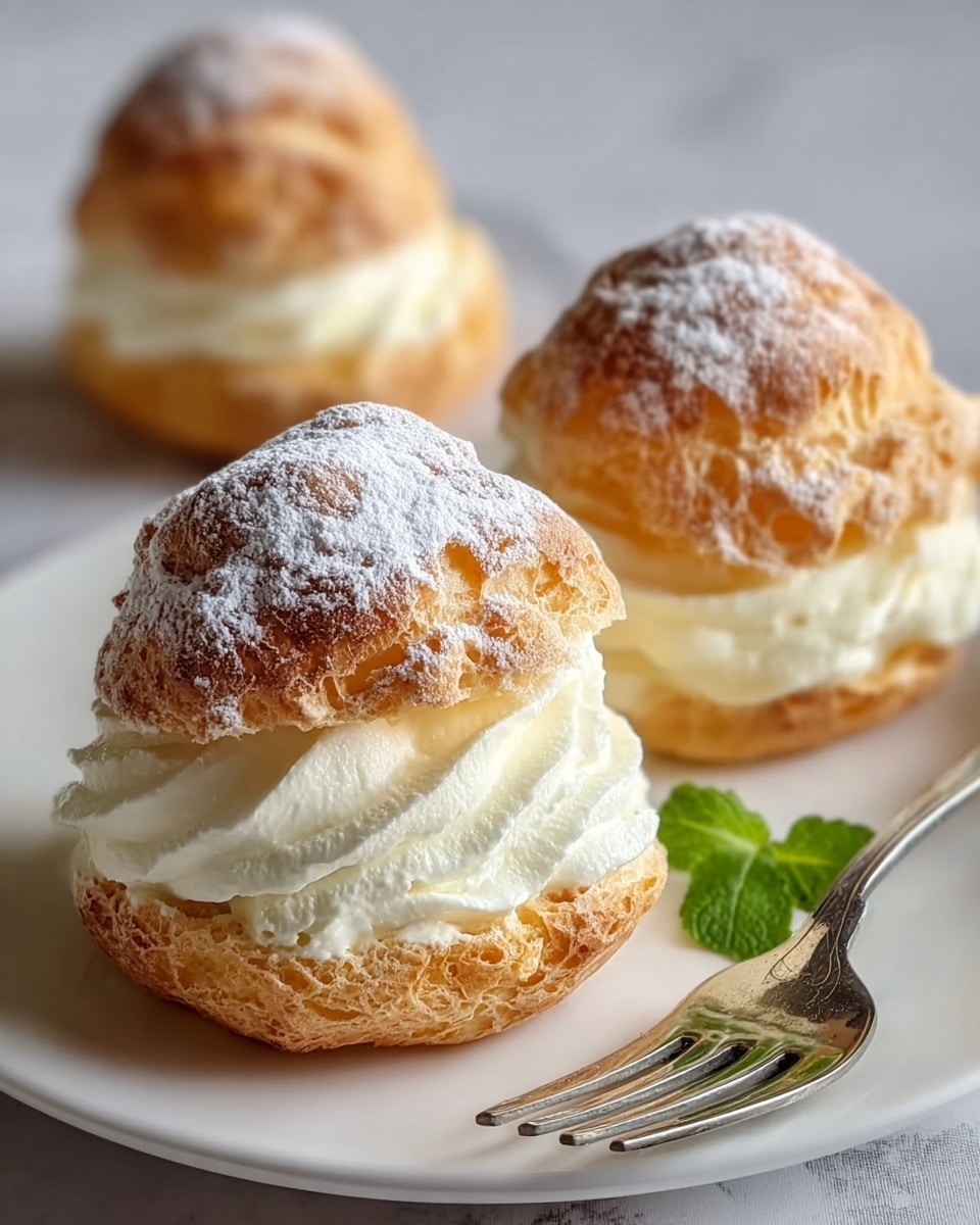 Three cream puffs are placed on a white plate set on a white marbled surface. Each cream puff has two layers: the top layer is a golden-brown puff pastry dusted with powdery white sugar, and the bottom layer is filled with thick, smooth white cream that peeks through the split in the pastry, showing soft and fluffy texture. In the front, one cream puff is closer and more in focus while the other two are slightly blurred in the background, next to a small green mint leaf adding a touch of color. A silver fork lies diagonally on the plate near the front cream puff. photo taken with an iphone --ar 4:5 --v 7