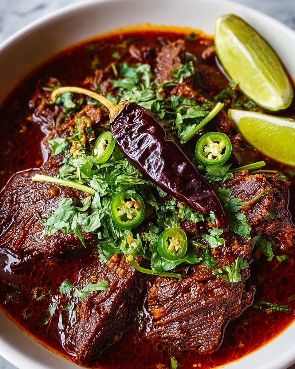 A close-up image of rich dark red-brown meat stew served in a white bowl filled with thick sauce. On top of the meat, there is a large dark dried chili pepper centered, surrounded by a generous sprinkle of fresh green cilantro and thin green chili slices. Two bright green lime wedges rest on the right edge of the bowl, slightly touching the stew. The surface around the bowl shows a white marbled texture. The stew looks thick, tender, and juicy. Photo taken with an iphone --ar 4:5 --v 7