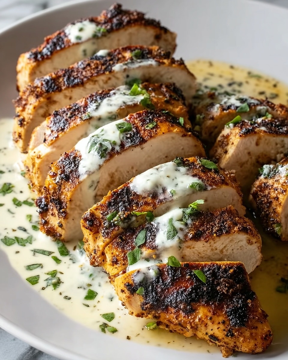 A close-up of six thick slices of grilled chicken breast arranged in a row on a white plate, each slice showing a golden-brown charred crust with black grill marks. The chicken’s inside looks juicy and tender with a pale beige color. A creamy white sauce with green herb bits is drizzled lightly over the top slices and pools around the base of the chicken. Small pieces of chopped green herbs are scattered over the dish, adding fresh color contrast. The white plate rests on a white marbled textured surface, enhancing the colors of the food. Photo taken with an iphone --ar 4:5 --v 7