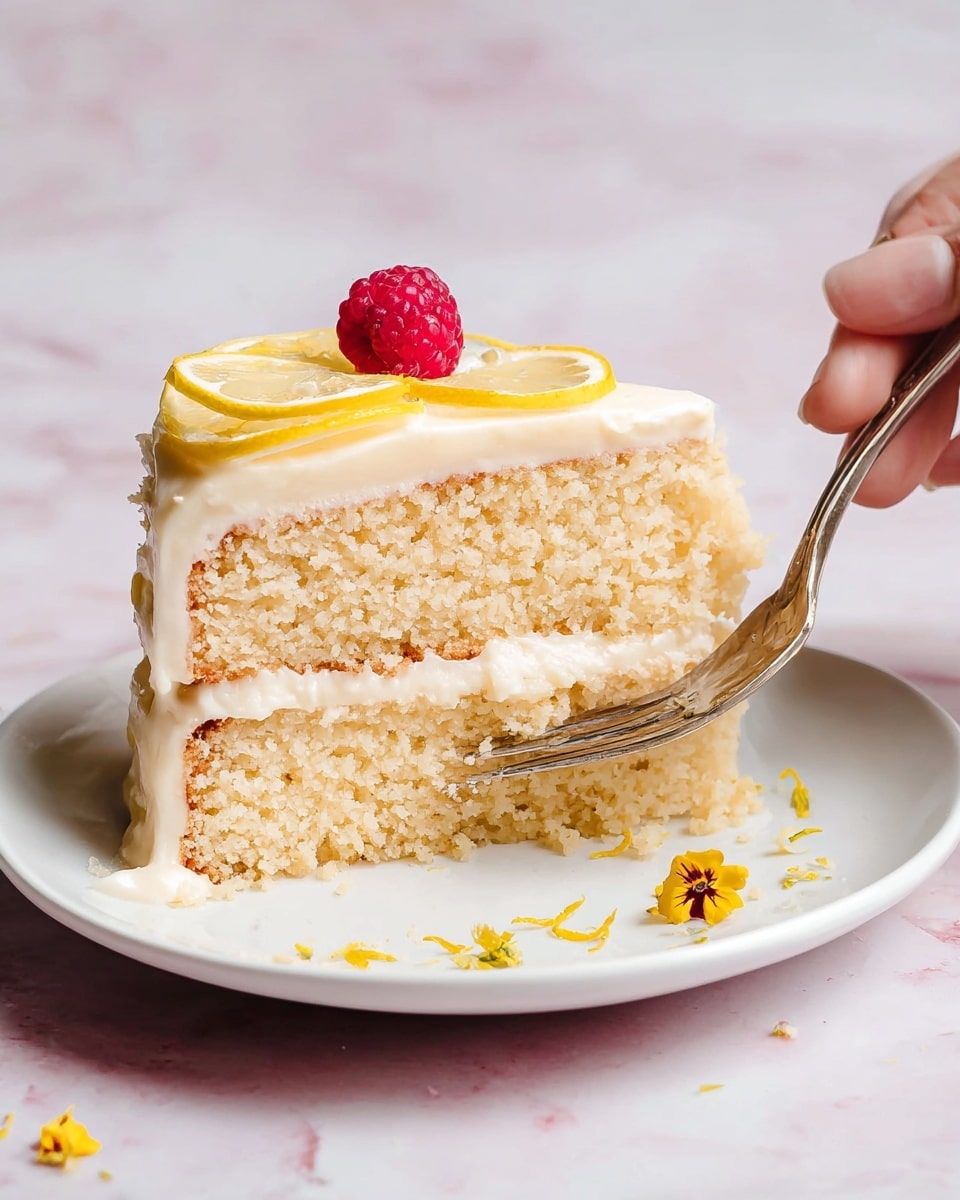 A two-layer slice of light yellow sponge cake is shown on a white plate, each layer separated by smooth, creamy off-white frosting. The top is covered with the same frosting and garnished with thin, shiny lemon slices and a single bright red raspberry. Small yellow flower petals and lemon zest are scattered lightly on the white plate. A woman's hand holds a fork cutting into the cake from the right side. The background and surface have a soft, white marbled texture. photo taken with an iphone --ar 4:5 --v 7
