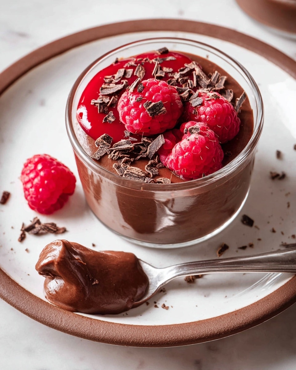A clear glass cup filled with a smooth, dark brown chocolate mousse forms the base layer, topped with a bright red raspberry sauce and three whole raspberries, all sprinkled with small dark chocolate shavings. The cup sits on a white plate with a thick brown rim, which rests on a white marbled surface. Beside the cup is a silver spoon holding a dollop of the glossy chocolate mousse, with more chocolate shavings scattered around. Photo taken with an iphone --ar 4:5 --v 7