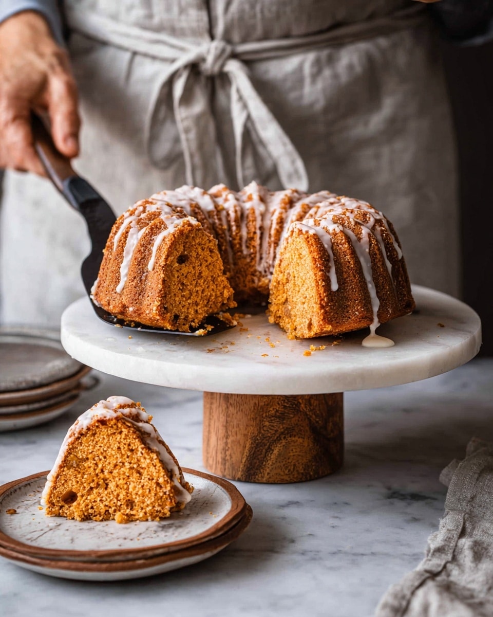 A moist, round bundt cake with a golden-brown crust sits on a white marble cake stand with a wooden base, topped with thin white icing drizzled unevenly. One thick slice with a soft, crumbly orange-brown interior dotted with darker bits is lifted by a woman's hand holding a black cake server above the stand, while another slice rests on a stack of two white plates with brown rims on a white marbled surface below. The person in the background wears a light gray linen apron with tied strings, adding a cozy, homemade feel. photo taken with an iphone --ar 4:5 --v 7