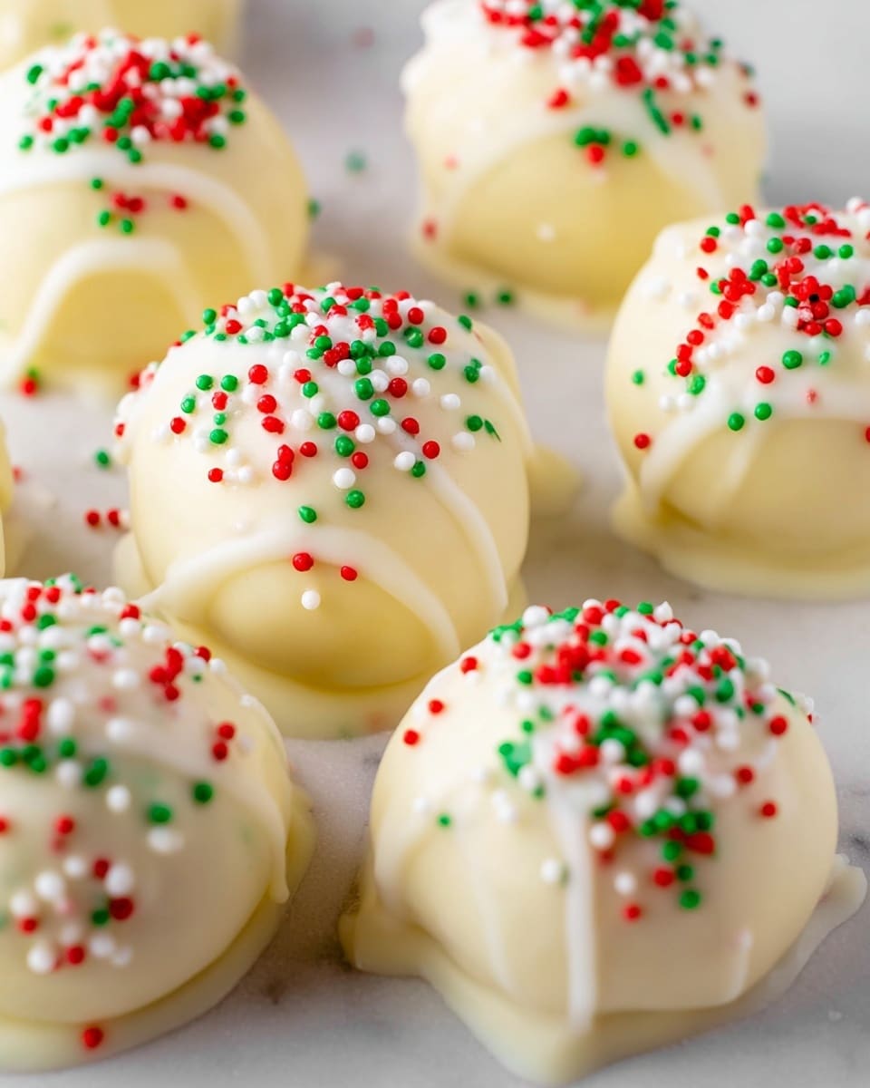 The image shows several round white chocolate balls arranged on a white plate with a delicate embossed pattern. Each ball is evenly coated with smooth, creamy white chocolate and topped with small red, green, and white sprinkles scattered over the surface. The balls have a shiny texture and slight reflections, emphasizing their smooth coating. The plate is held above a white marbled surface, with a few more chocolate balls slightly out of focus in the background. The overall look is neat and festive, with the sprinkles adding a pop of color on the creamy white base. photo taken with an iphone --ar 4:5 --v 7