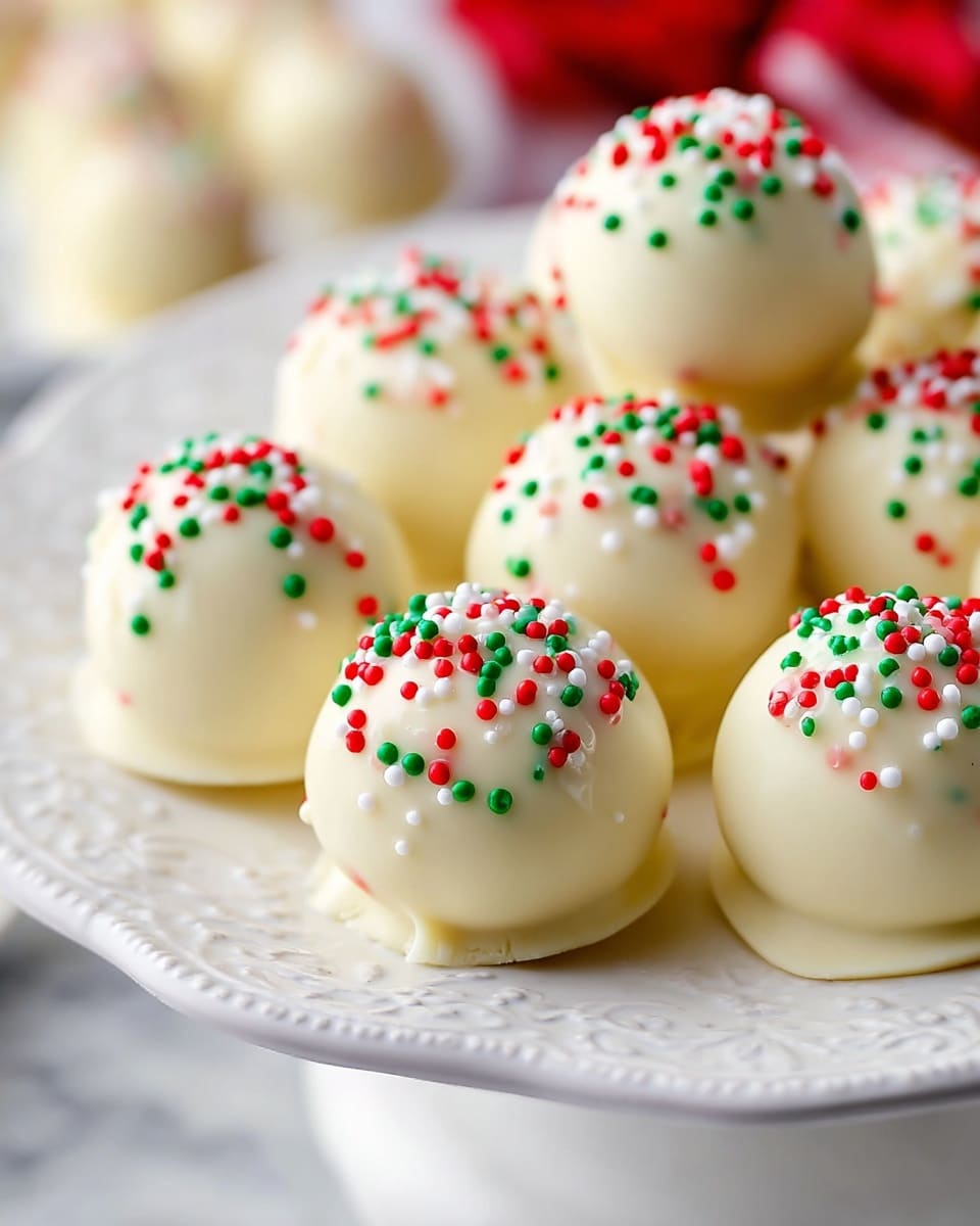 The image shows several round cake balls covered in smooth white chocolate coating, each with a glossy texture. On top of each cake ball, there is a scattering of small red, green, and white sprinkles that add bright festive color and a bit of texture. The cake balls sit closely together on a white marbled surface, with some white chocolate slightly dripping down the edges, creating soft, rounded bases. The overall look is neat and festive with a soft, light color palette. photo taken with an iphone --ar 4:5 --v 7