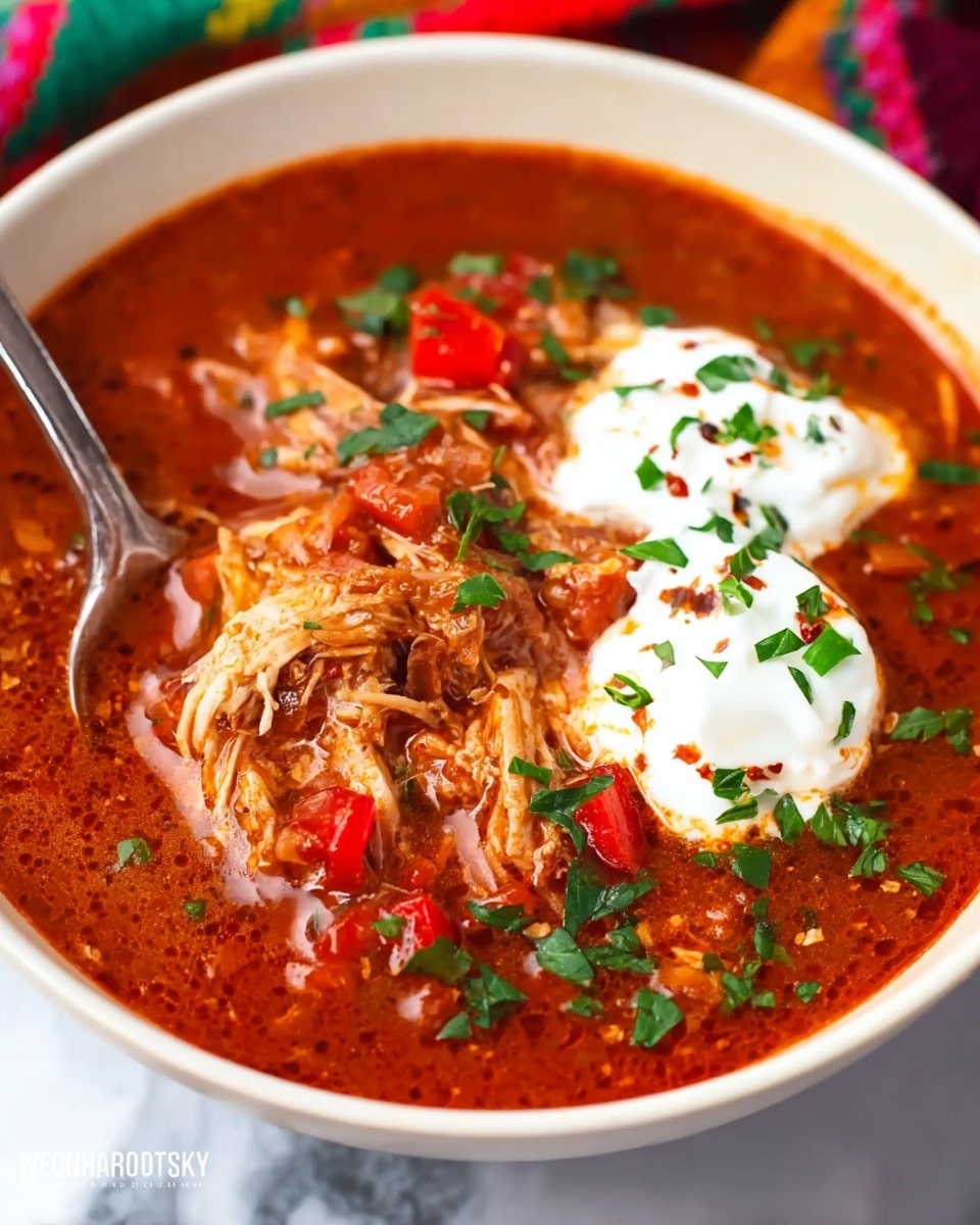 A white bowl filled with thick red tomato-based soup containing shredded brown chicken pieces mixed evenly throughout. The soup is garnished with small red bell pepper chunks and chopped green herbs scattered on top. Two dollops of white sour cream sit on the surface in the upper right area, sprinkled lightly with green herbs and tiny red pepper bits. A silver spoon is partially dipped into the soup near one of the sour cream dollops. The bowl is placed on a white marbled surface with a blurred colorful cloth in the background. Photo taken with an iphone --ar 4:5 --v 7