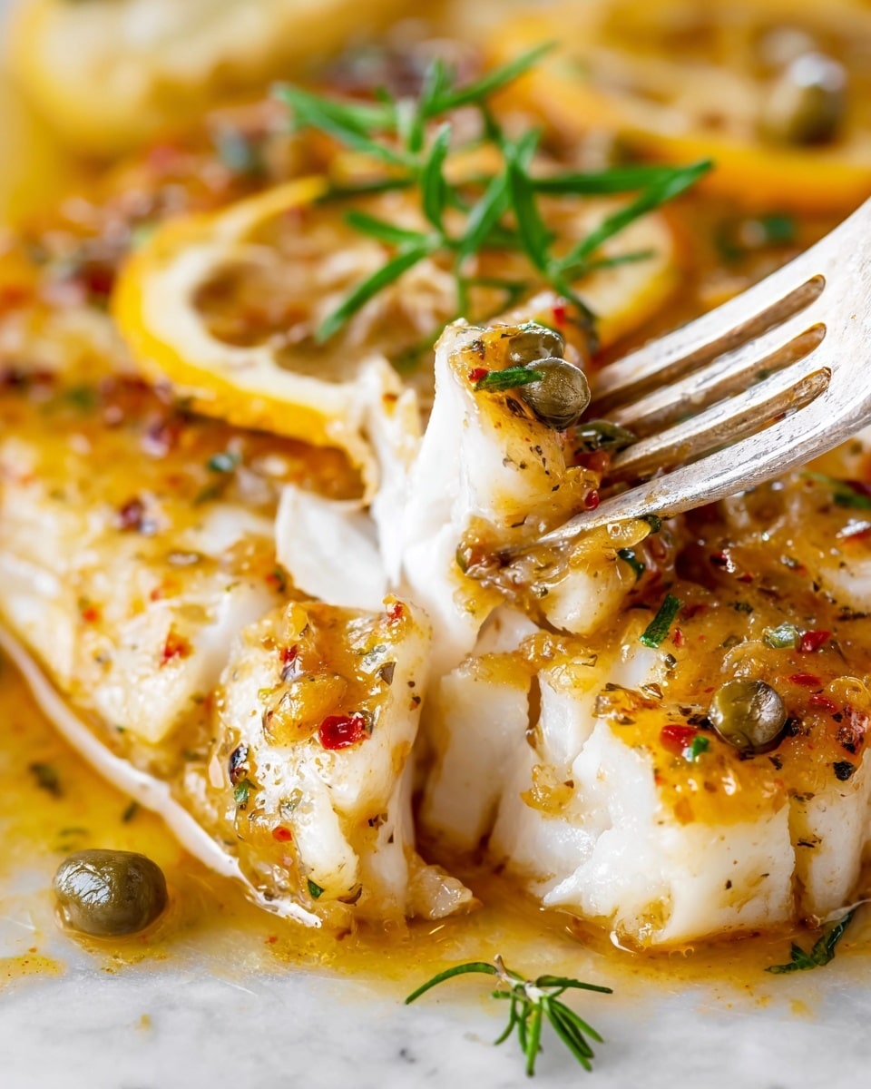 Close-up view of cooked white fish fillets cut into thick pieces, layered with a glossy golden-yellow sauce speckled with herbs and red pepper flakes, resting on white lemon slices beneath. The fish texture shows flaky white layers, with some pieces being lifted by a shiny silver fork on the right side. Garnished with small green sprigs of herbs and scattered capers, all set on a white marbled surface. photo taken with an iphone --ar 4:5 --v 7