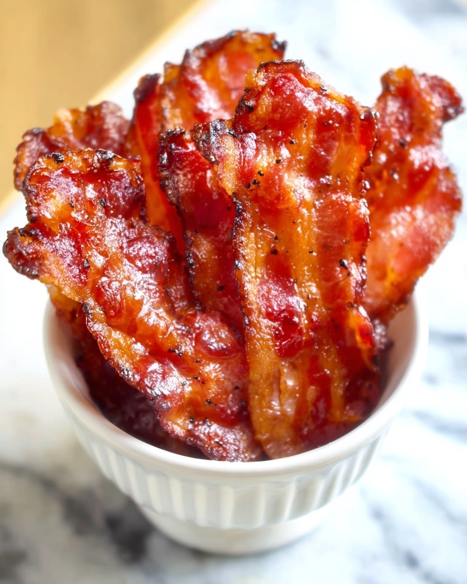 This image shows a small white ceramic bowl filled with several pieces of crispy, glazed bacon standing upright and slightly overlapping. The bacon has a shiny, reddish-brown color with visible heat-cooked texture and slight blackened edges, giving a crunchy look. The bowl sits on a white marbled surface. Photo taken with an iphone --ar 4:5 --v 7