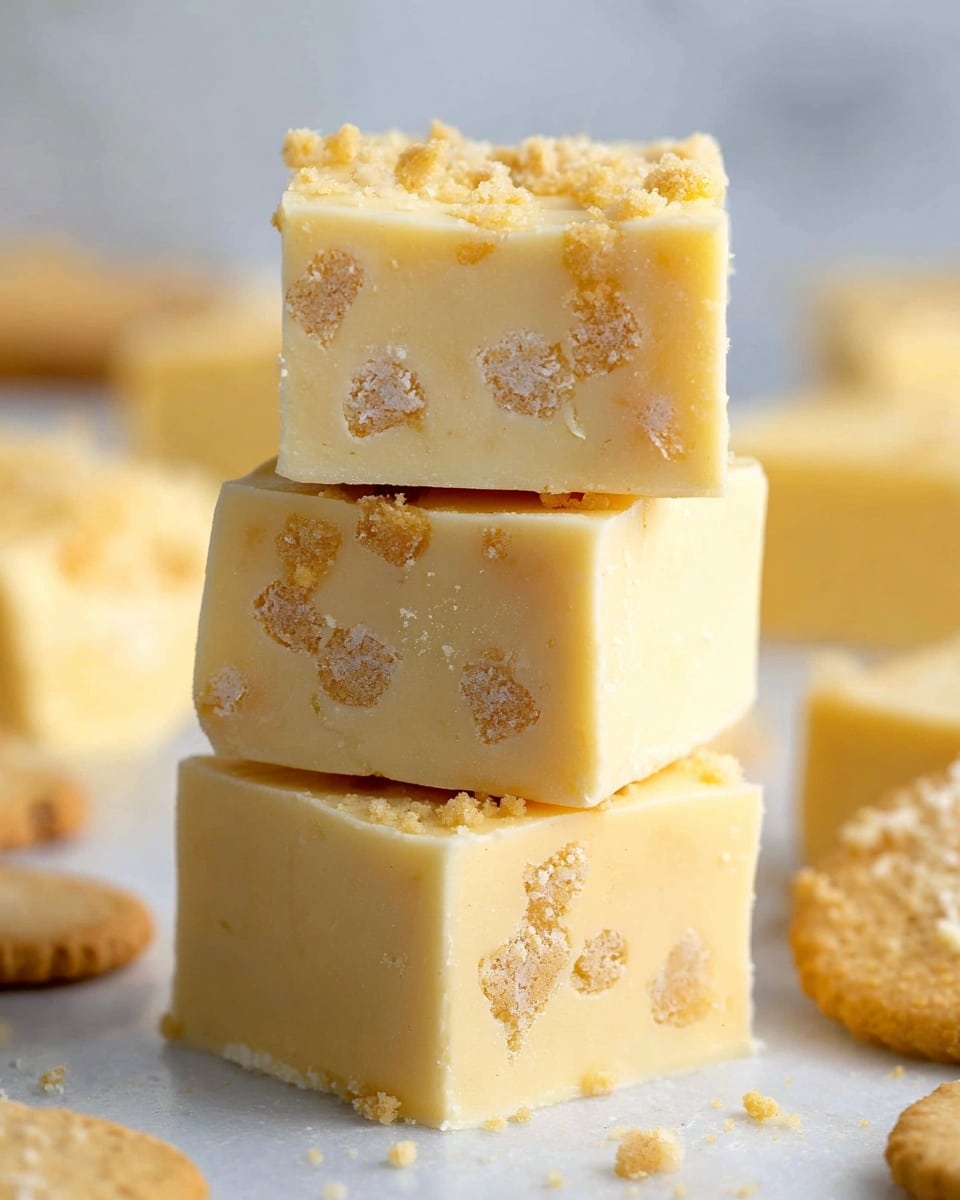 A stack of three square pieces of creamy pale yellow fudge is shown, each piece studded with tiny beige crumbly cookie bits scattered unevenly throughout. The top layer reveals a slightly crumbly texture with smooth areas, while the middle and bottom layers are dense and smooth with some cookie crumbs embedded inside. The fudge has clean, sharp edges and a matte surface. Around the stack, the white marbled texture surface is visible, with blurred similar fudge pieces and a beige cookie nearby providing a soft background. Photo taken with an iphone --ar 4:5 --v 7