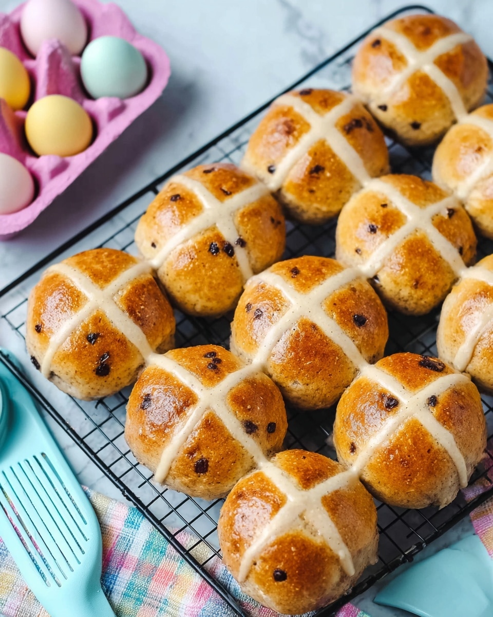 A collection of light brown, round hot cross buns with visible small dark spots scattered throughout each bun, neatly placed on a black cooling rack. Each bun has a white cross made of smooth, slightly raised icing on top, creating a clear contrast against the golden-baked surface. The buns are close together, showing a soft texture with a lightly glossy finish. The background is a white marbled texture, and on the top left, there are a few pale pastel-colored eggs in a pink carton, along with a portion of a blue spatula and a pastel checkered cloth at the bottom left corner. photo taken with an iphone --ar 4:5 --v 7