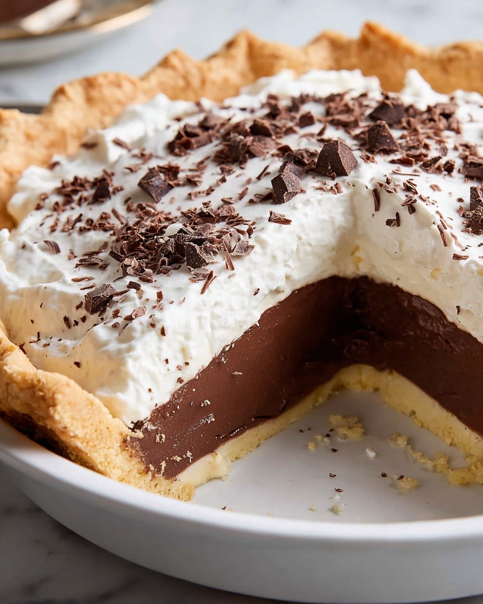 A close-up of a pie with three visible layers on a white plate with a white marbled texture background. The bottom layer is a light golden, flaky pie crust with a rough, crimped edge. Above the crust is a thick, smooth, dark brown chocolate filling. The top layer is a thick, fluffy white cream crowned with scattered dark chocolate shavings, giving texture and color contrast. One slice is partly cut out, showing the clean separation of layers inside. Photo taken with an iphone --ar 4:5 --v 7